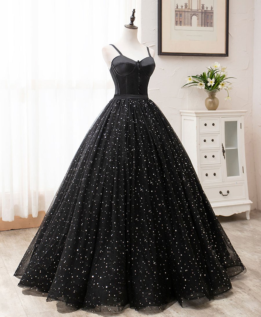 Black sweetheart tulle long prom dress black evening dress - FashionDia