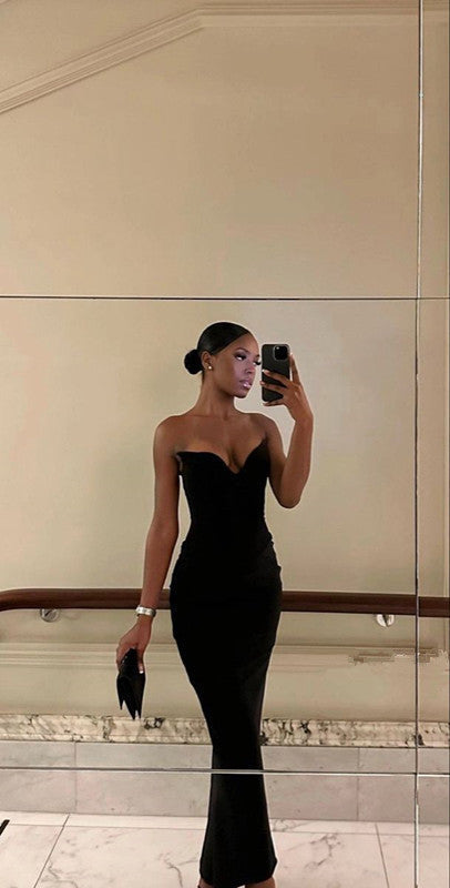 Strapless Prom Dress Black Elegant Evening Party Dress fg7310