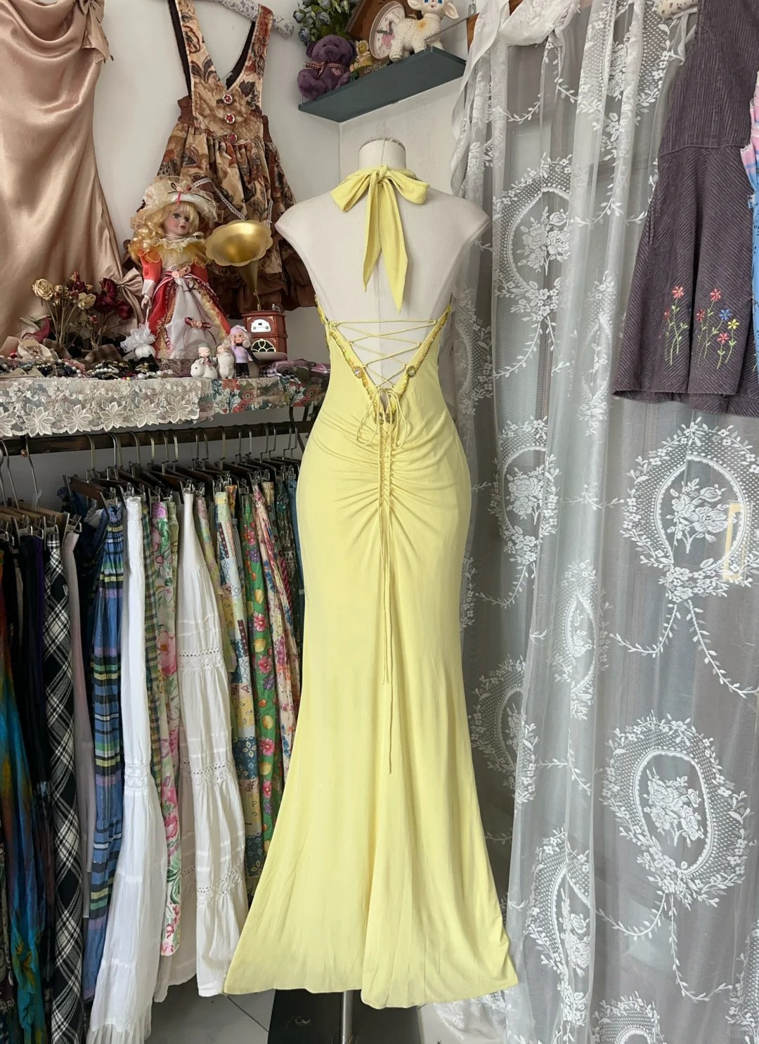 Yellow Halter Mermaid Long Prom Gown Evening Dress - View 3 | FashionDia