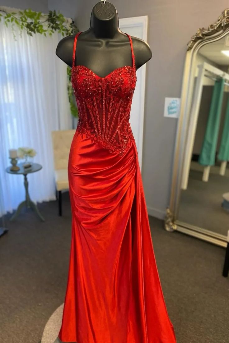 Spaghetti Straps Appliques Satin High Slit Party Prom Formal Evening Dress - View 8 | FashionDia