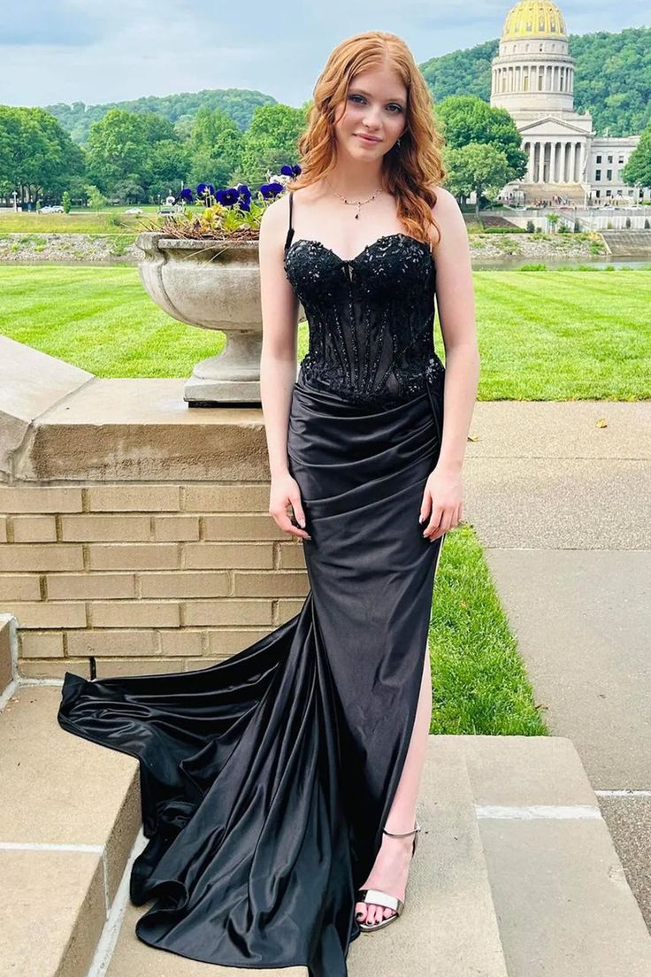 Spaghetti Straps Appliques Satin High Slit Party Prom Formal Evening Dress - View 9 | FashionDia