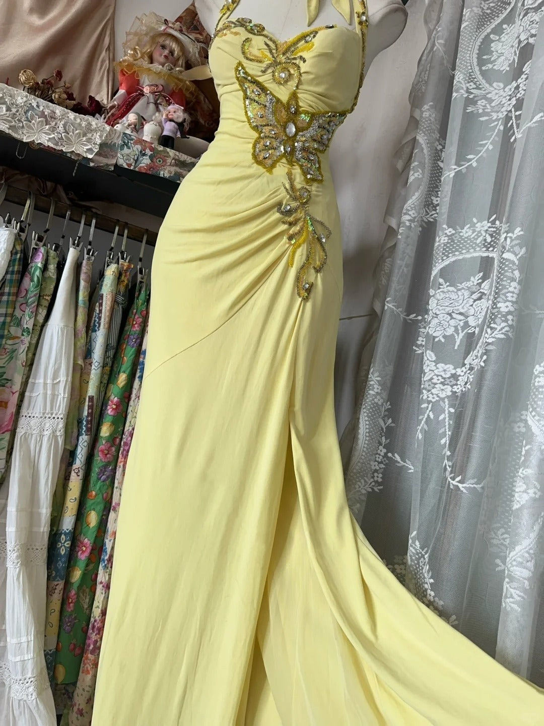 Yellow Halter Mermaid Long Prom Gown Evening Dress - View 5 | FashionDia