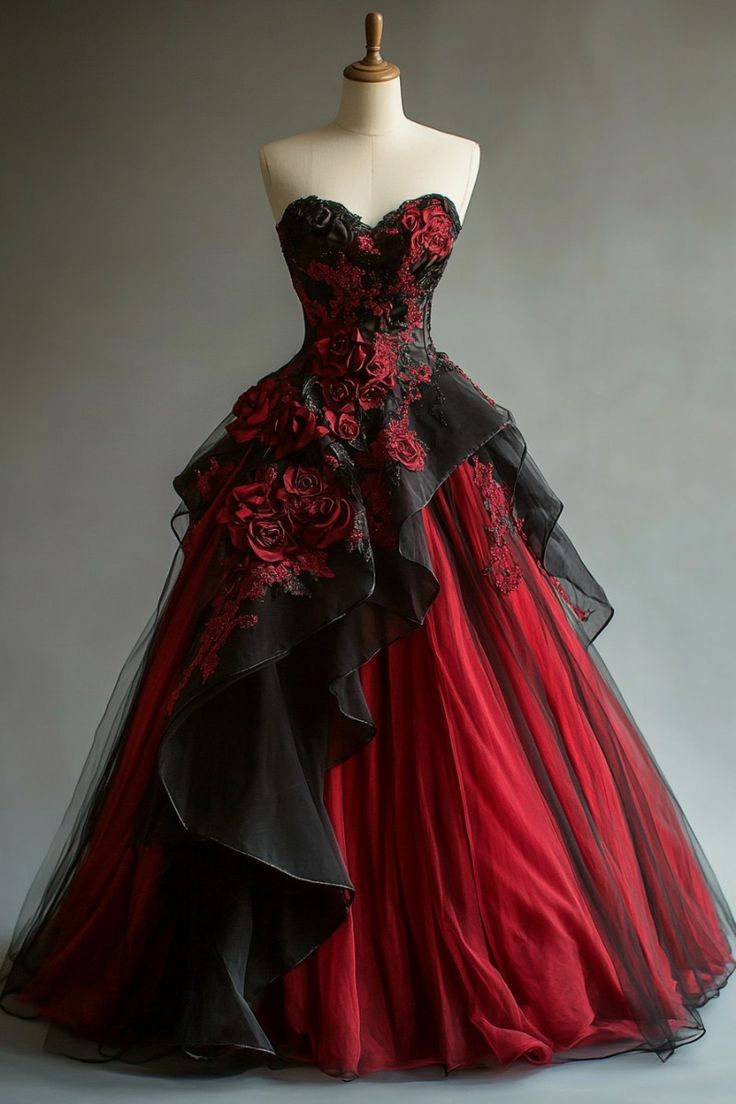 Stunning A-Line Ball Gown Red And Black Long Prom Gown Evening Dress - FashionDia