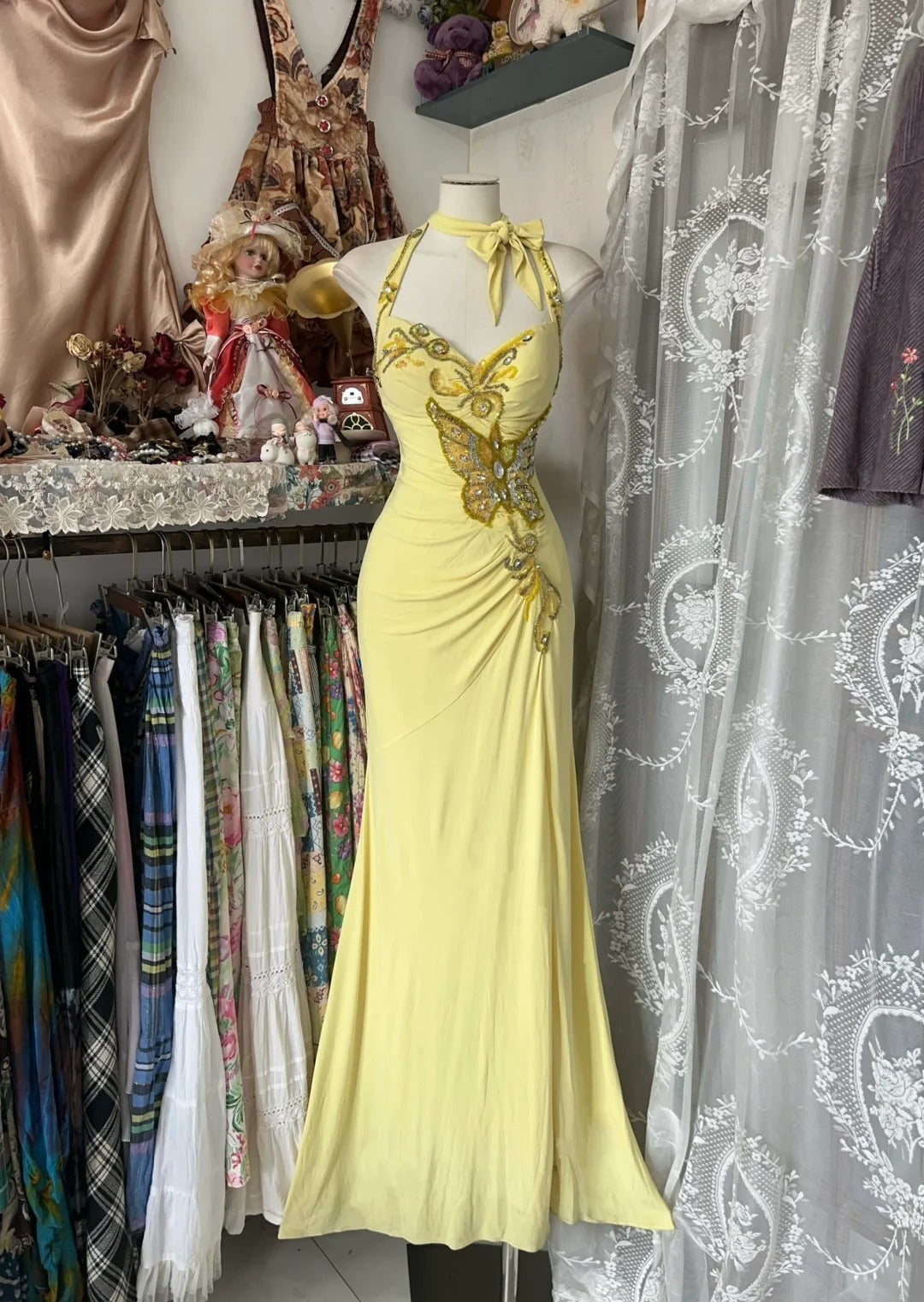 Yellow Halter Mermaid Long Prom Gown Evening Dress - FashionDia