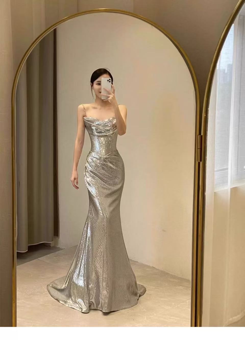 Elegant Mermaid Siver Sequin Prom Dress Sleeveless Evening Party Dress - View 2 | FashionDia
