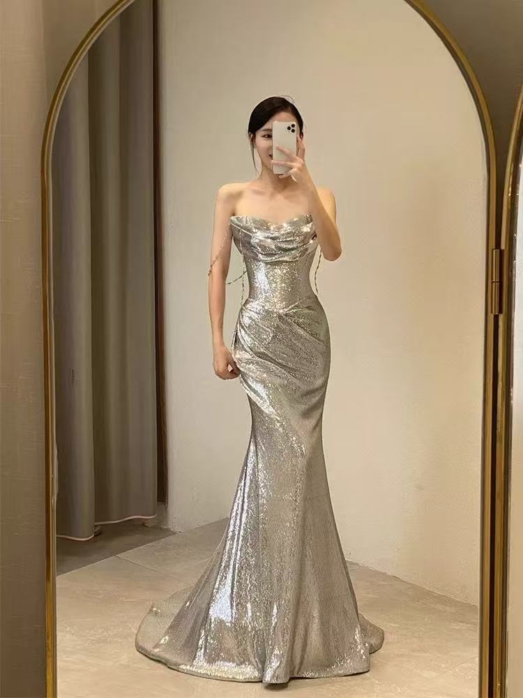 Elegant Mermaid Siver Sequin Prom Dress Sleeveless Evening Party Dress - View 3 | FashionDia