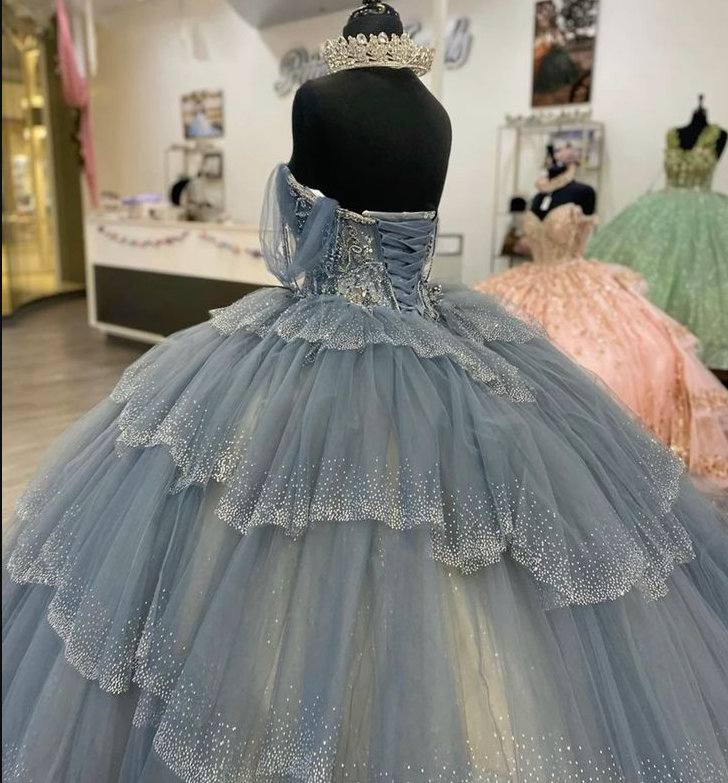 Princess Dresses Ball Gown Off-the-Shoulder Tiered Skirt Glitter Sequins Tulle 15 Masquerade Dress - View 2 | FashionDia