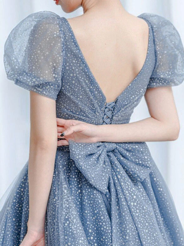 Blue Tulle V-Neck Tulle Long Prom Dress, Blue Sweet 16 Dress - View 2 | FashionDia