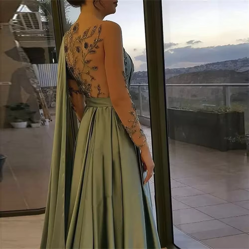Evening Dresses One-Shoulder Full Length Satin A-Line Long Sleeves Formal Party Dress Prom Gown - View 4 | FashionDia