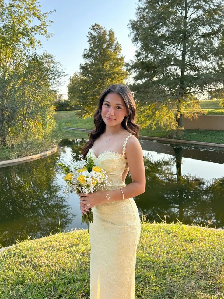 Pastel Yellow Prom Dress, Elegant Lace Evening Dress - FashionDia