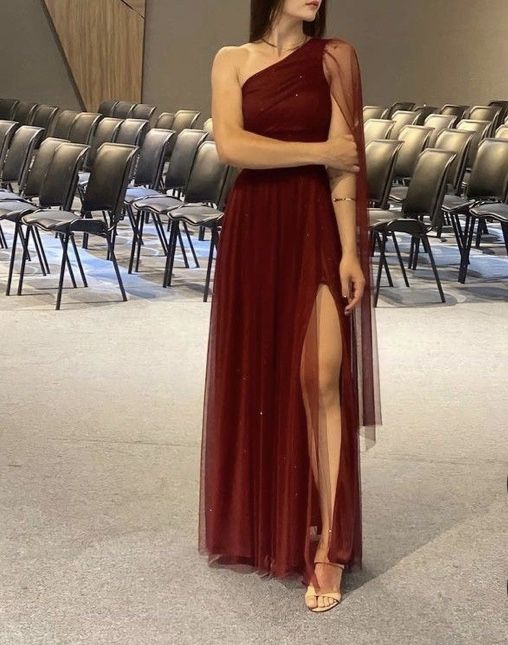 Burgundy Shinny Tulle Prom Dress, Elegant Evening Party Dress - View 2 | FashionDia
