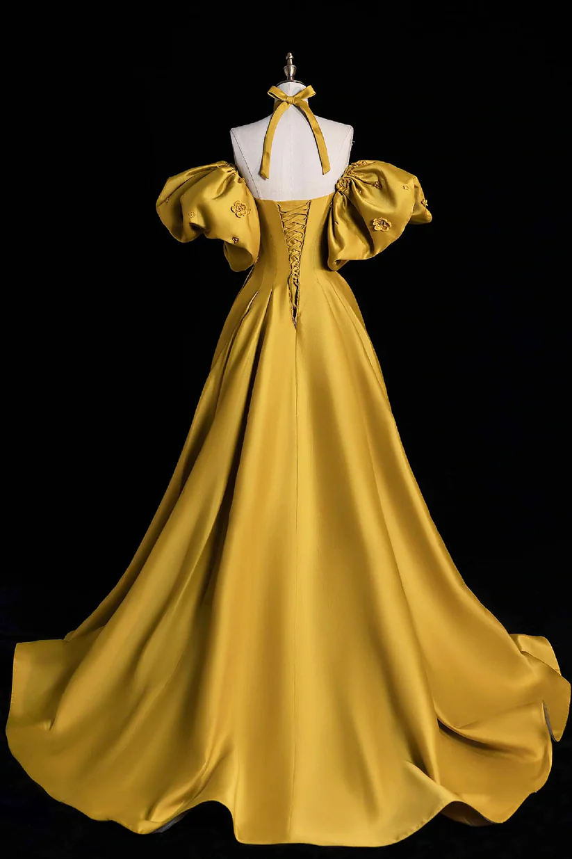 Yellow Satin Lace Long Prom Dress, Beautiful A-Line Off-the-Shoulder Evening Party Dress - View 2 | FashionDia