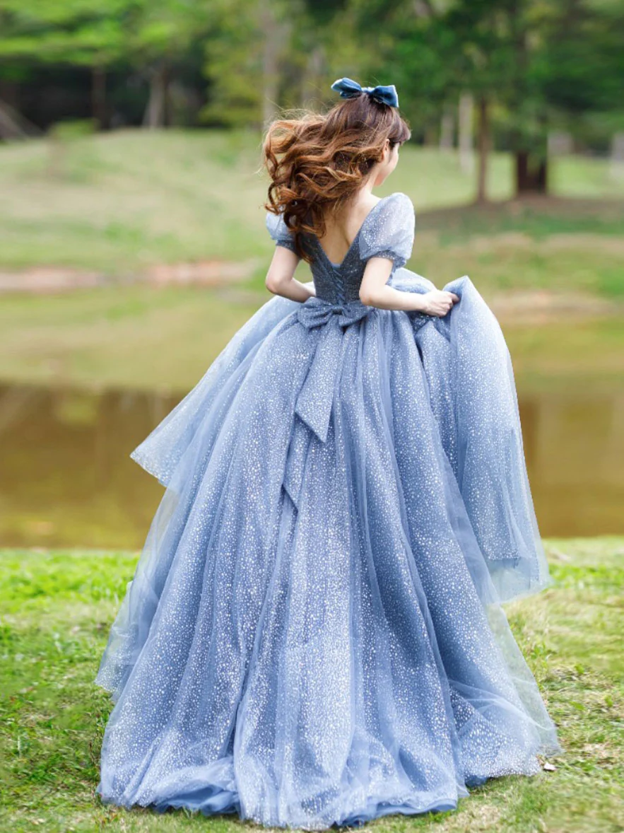 Blue Tulle V-Neck Tulle Long Prom Dress, Blue Sweet 16 Dress - View 3 | FashionDia