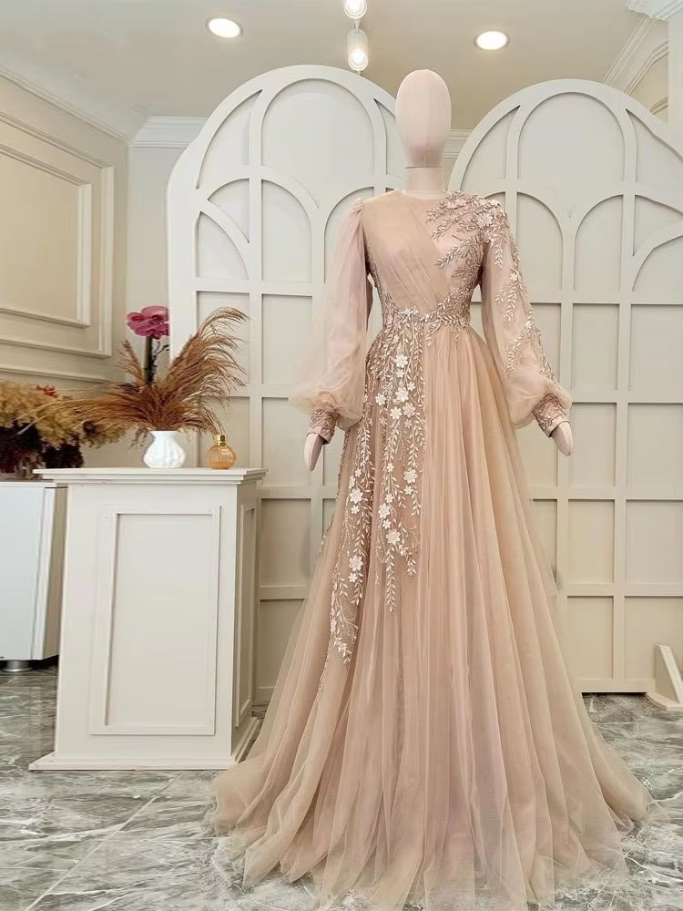 Elegant evening dress tulle muslim dress, wedding guest dress, champagne special occasion dress - FashionDia