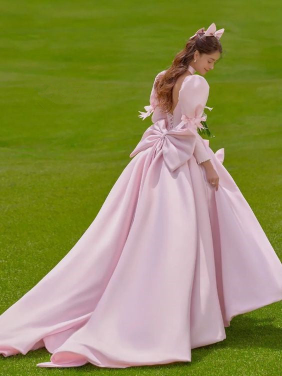 A-Line Long Sleeves Pink Satin Long Prom Dress Party Dresses - View 3 | FashionDia