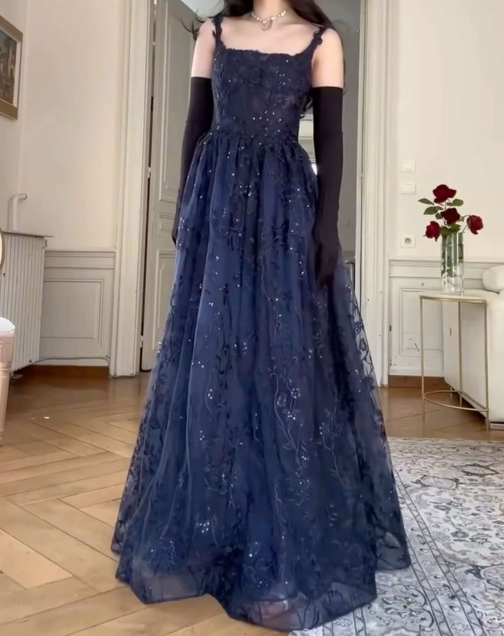 A-Line Navy Blue Elegant Birthday Party Dress Long Evening Dress - FashionDia