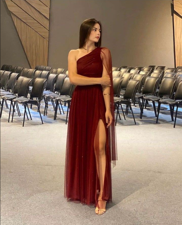 Burgundy Shinny Tulle Prom Dress, Elegant Evening Party Dress - View 3 | FashionDia