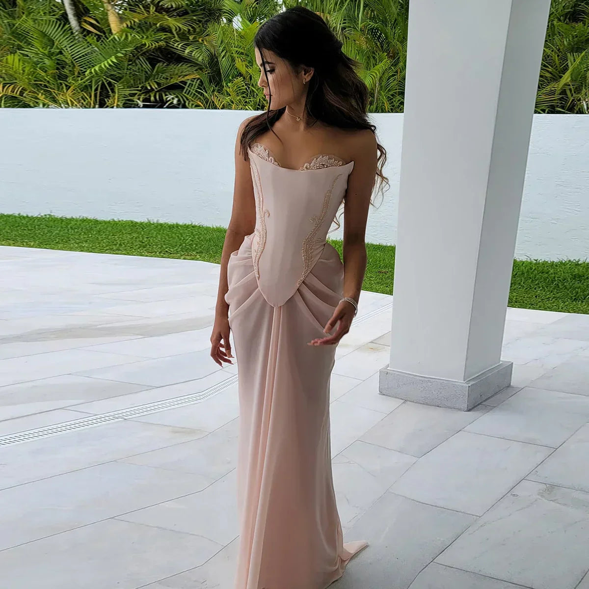 Pink vintage elegant beaded chiffon evening dress fg7371