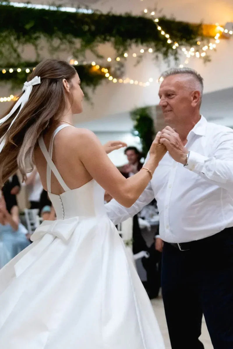 Satin Tulle Midi Wedding Dress, Simple Square Neckline Tea Length Formal Prom Dress fg7288