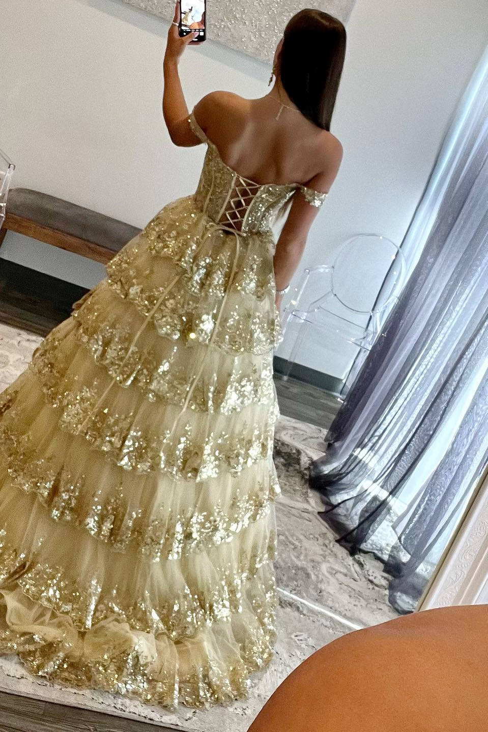 Gold A-Line Tulle Gold Sequin Long Prom Dress, Gold Long Evening Dress