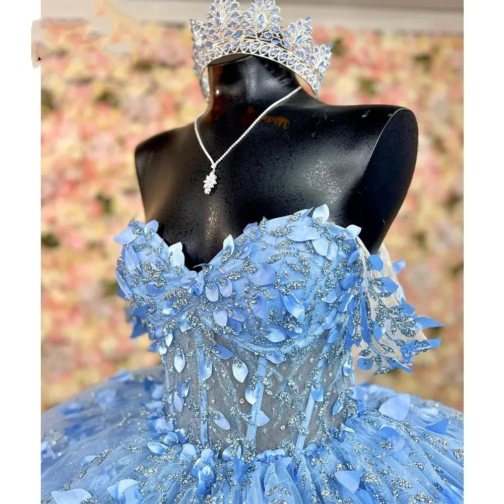 Sparkly Sky Blue Quinceanera Dress Ball Gown Appliques Beading Sequins Sweet 15 16 Dress - View 3 | FashionDia