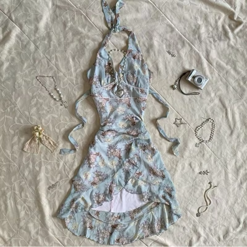 Retro Casual Dress Sexy Print Halter Short Party Dress Homecoming Dress fg7204 - VelvetHem