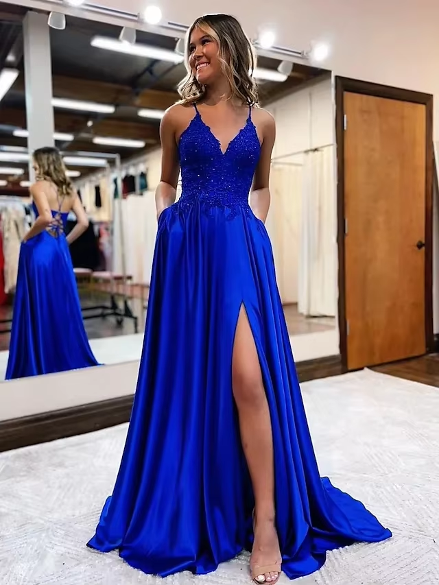 Elegant long a-line satin prom dresses v-neck split formal gown with lace appliques