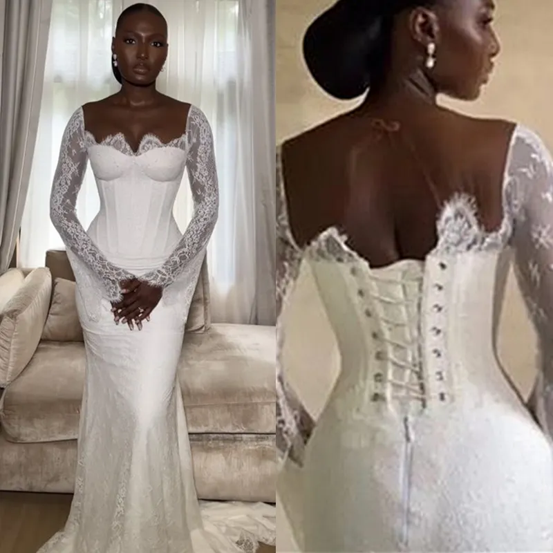 White Mermaid Wedding Dress Elegant African Lace Long Sleeves Bridal Gown fg7219