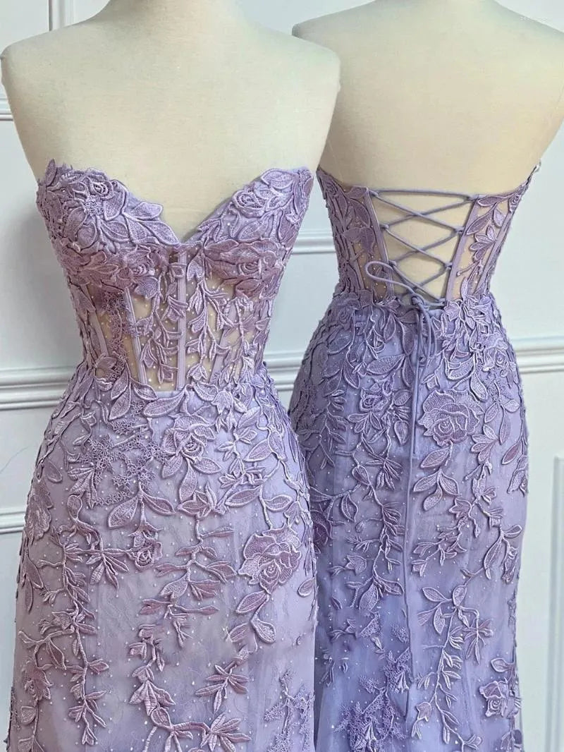 Lace Mermaid Dress Long Sweetheart Formal Evening Lace Up Back Party Dress - View 2 | FashionDia