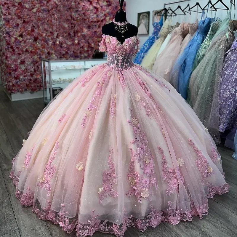 Quinceanera Ball Gown Pink Lace Applique 3D Floral Flower Off-the-Shoulder Sweet 16 Dress - FashionDia