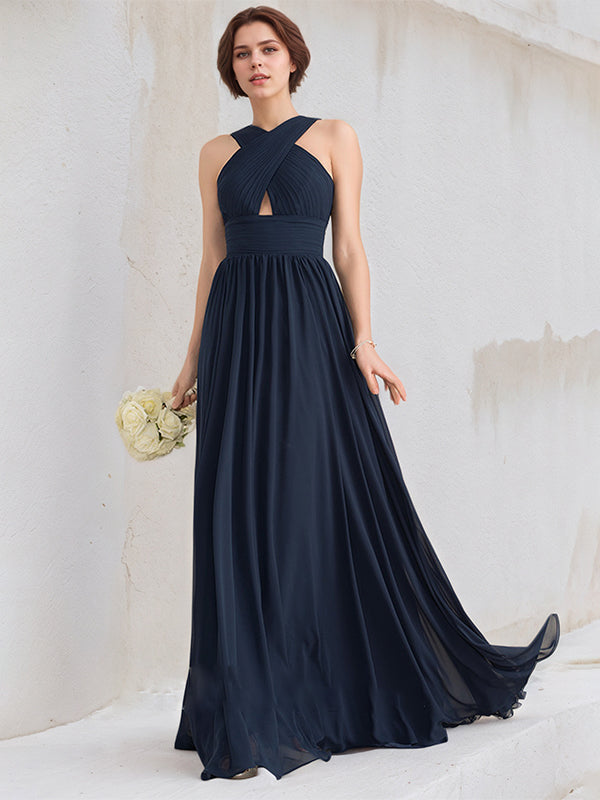 Dark Navy A-Line V-Neck Floor Length Chiffon Bridesmaid Dress With Ruffle