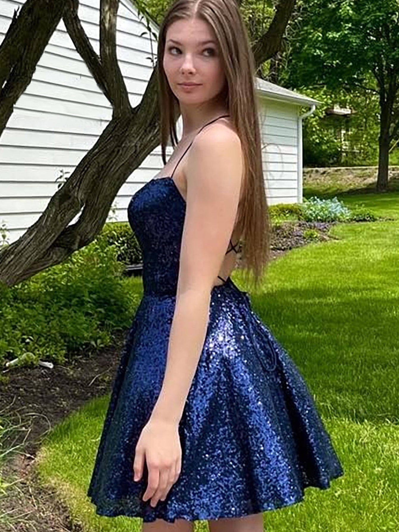 Sequins A Line Halter Blue Short Homecoming Dress - Fashionpara