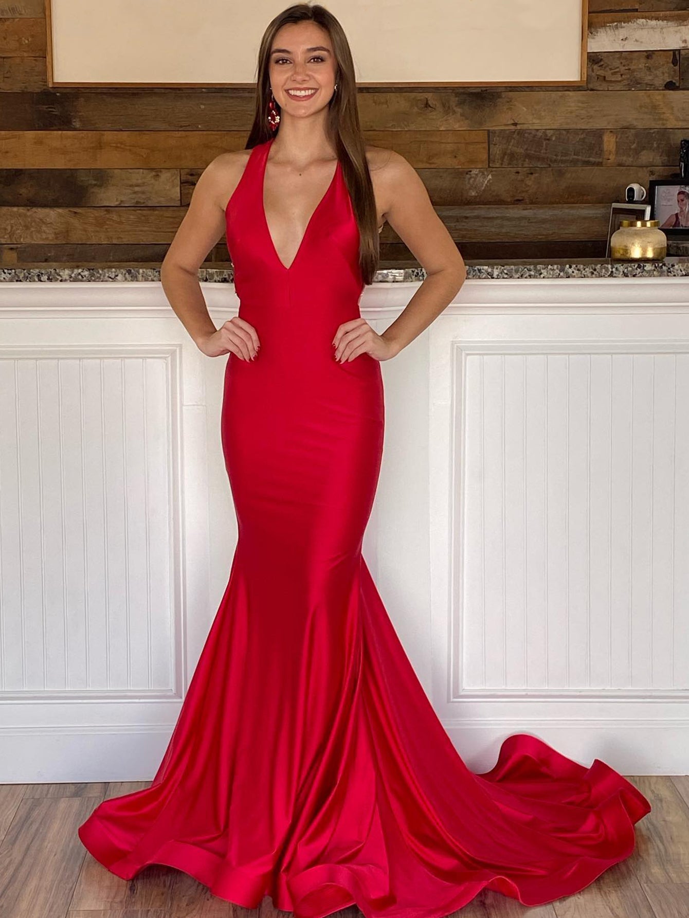 Halter Deep V Neck Red Long Bodycon Prom Dress - Fashionpara