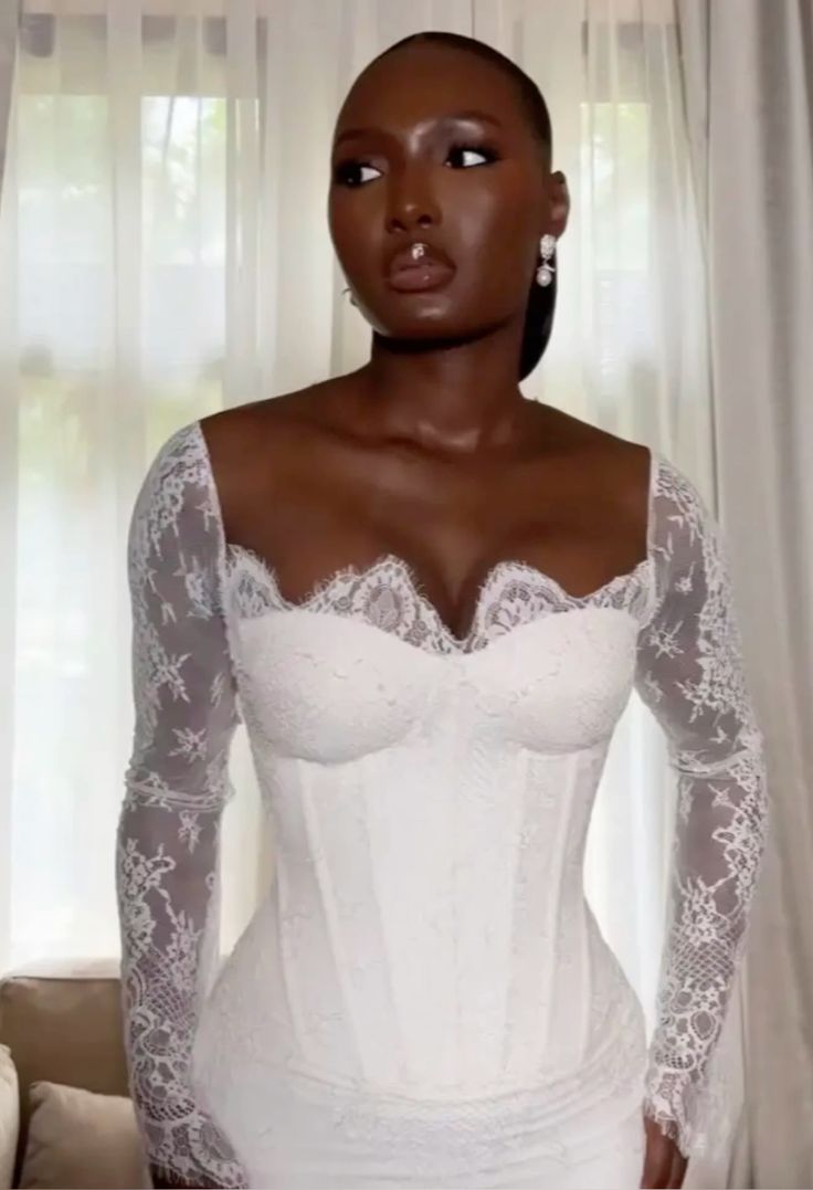 White Mermaid Wedding Dress Elegant African Lace Long Sleeves Bridal Gown fg7219