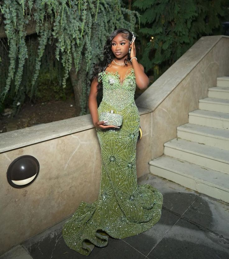 Green Mermaid Long Evening Gown Shinny Prom Dress fg7075