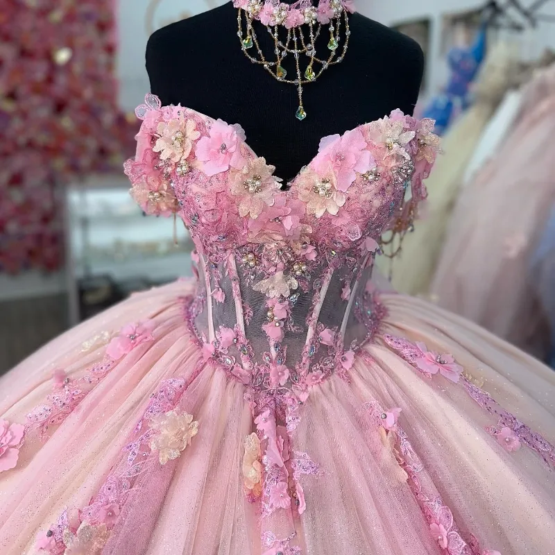 Quinceanera Ball Gown Pink Lace Applique 3D Floral Flower Off-the-Shoulder Sweet 16 Dress - View 2 | FashionDia