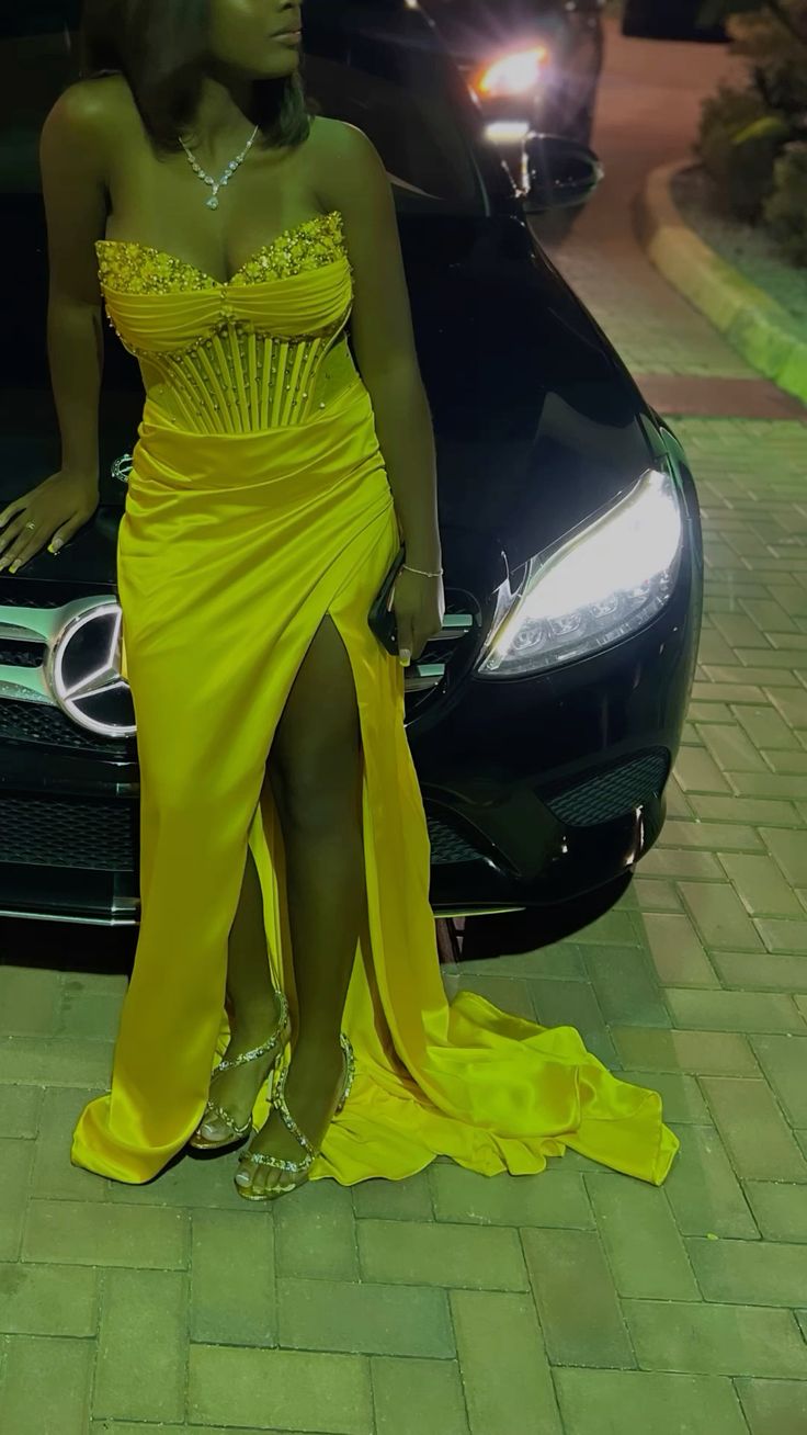 Yellow Mermaid Long Prom Dress Evening Party Dress With Slit - View 2 | FashionDia