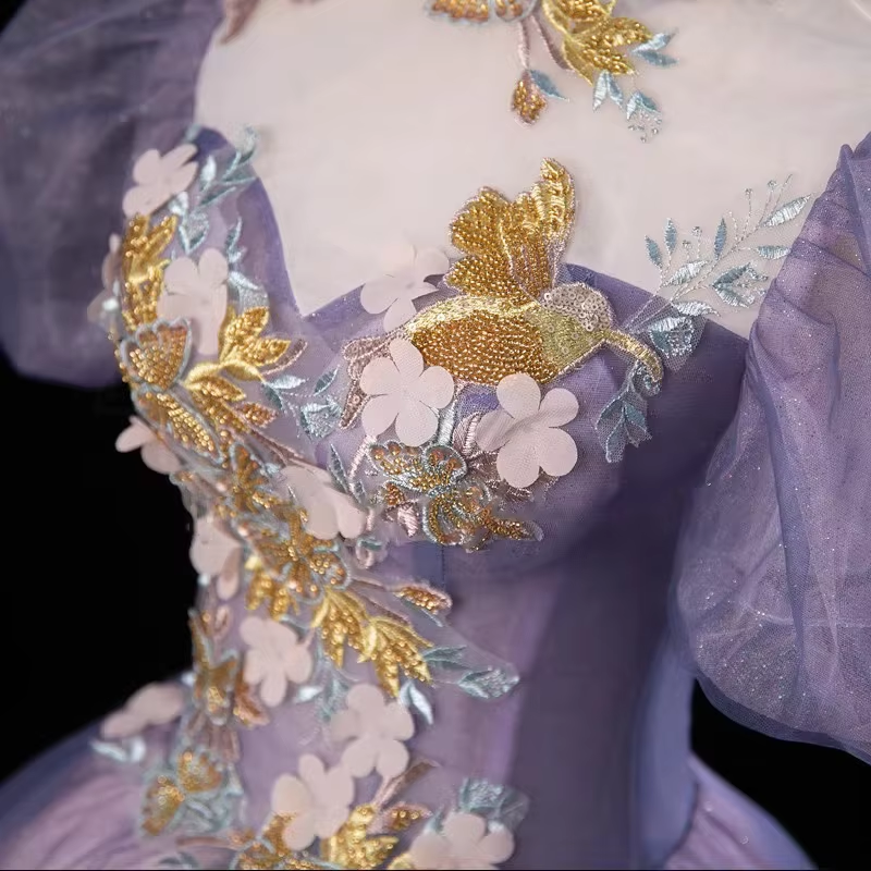 Purple Tulle Puff Sleeve Appliques Quinceanera Dress Evening Dress - View 4 | FashionDia