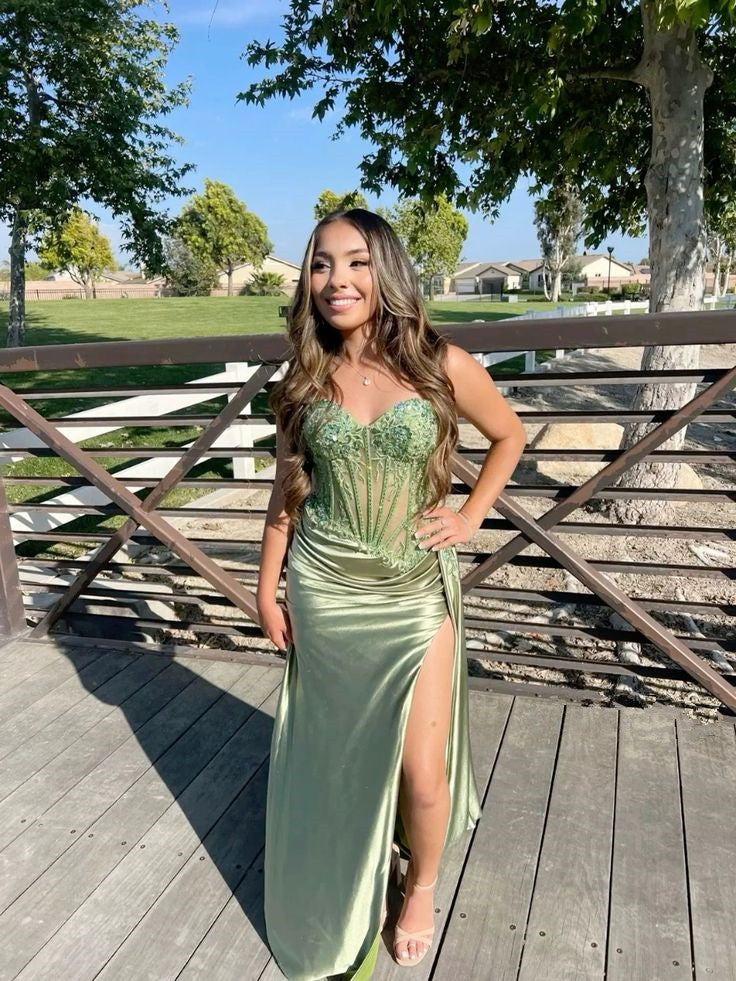 Spaghetti Straps Appliques Satin High Slit Party Prom Formal Evening Dress - FashionDia