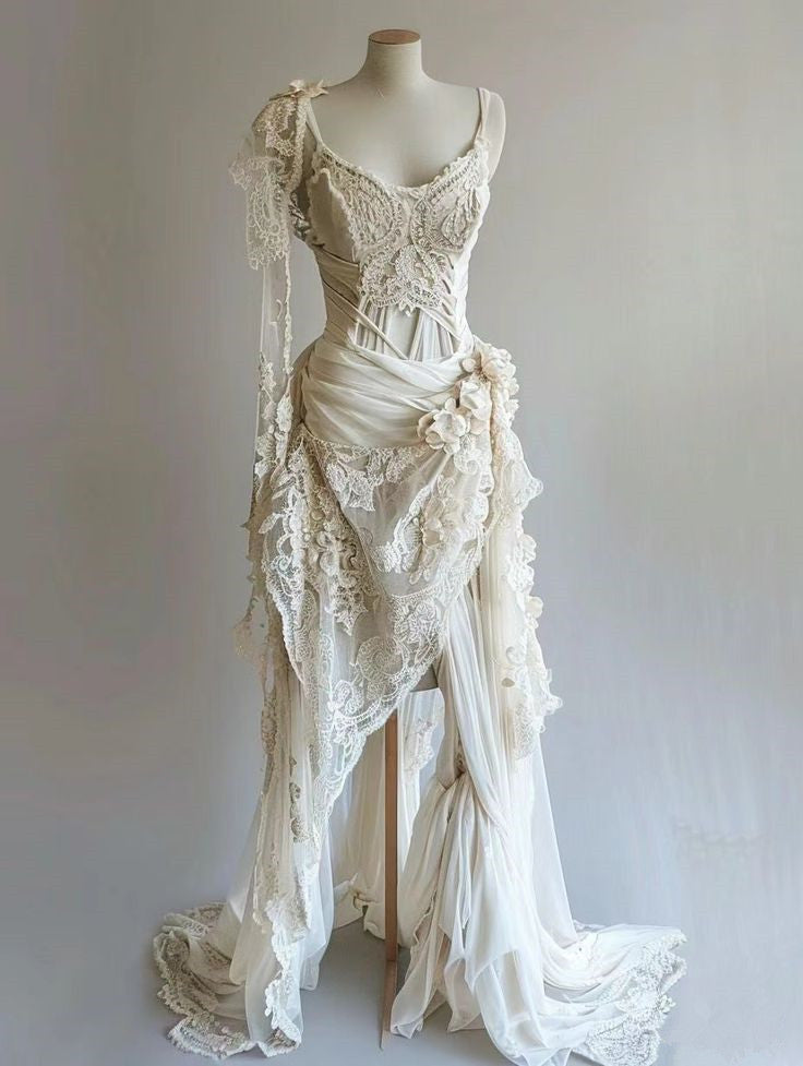 Vintage Unique Long Lace Prom Dress Wedding Dress Bridal Gown fg7209