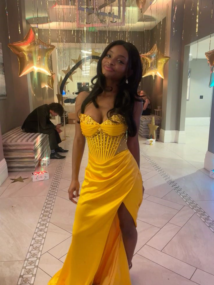 Yellow Mermaid Long Prom Dress Evening Party Dress With Slit - View 3 | FashionDia