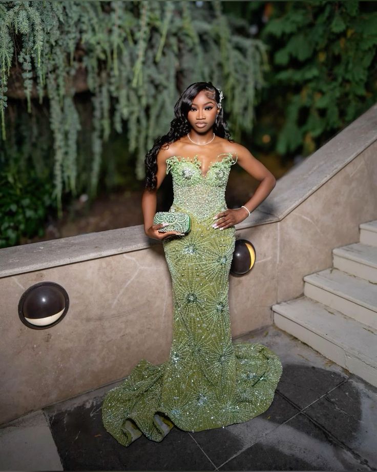 Green Mermaid Long Evening Gown Shinny Prom Dress fg7075