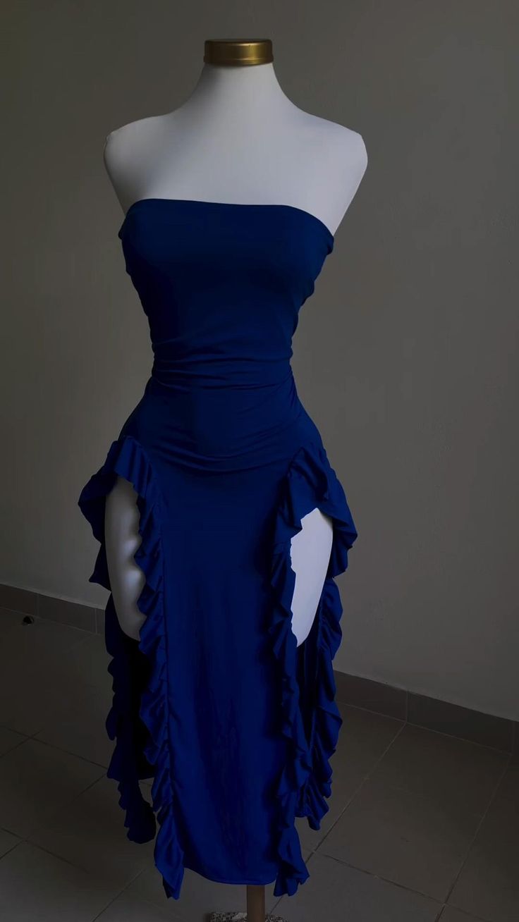 Strapless Sheath Midi Length Ruffle Prom Dress Sexy Evening Dress fg7107