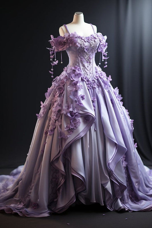Ball Gown Straps Lilac Satin Floral Sweet 16 Dresses Evening Dress - View 2 | FashionDia