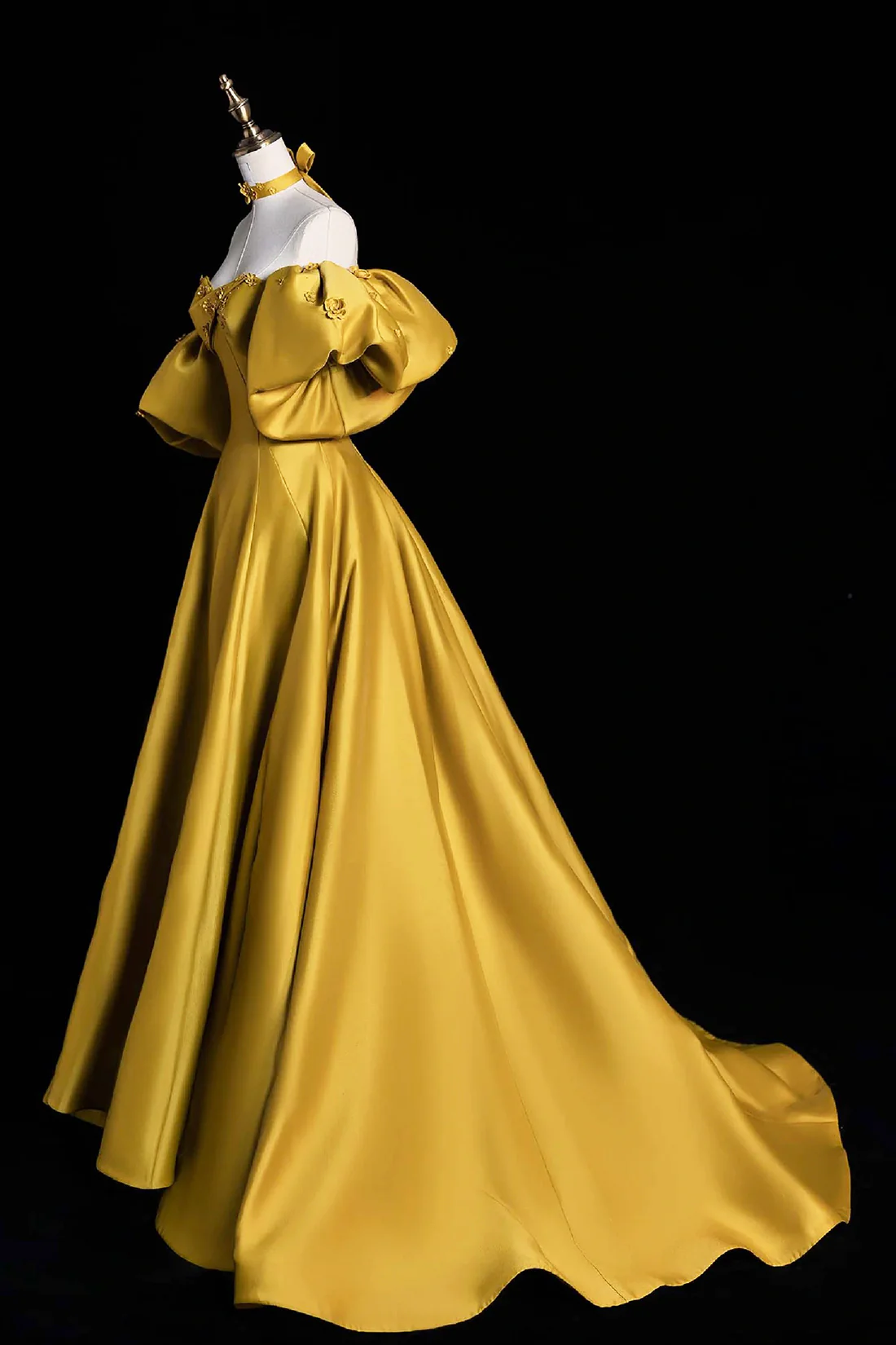 Yellow Satin Lace Long Prom Dress, Beautiful A-Line Off-the-Shoulder Evening Party Dress - View 3 | FashionDia