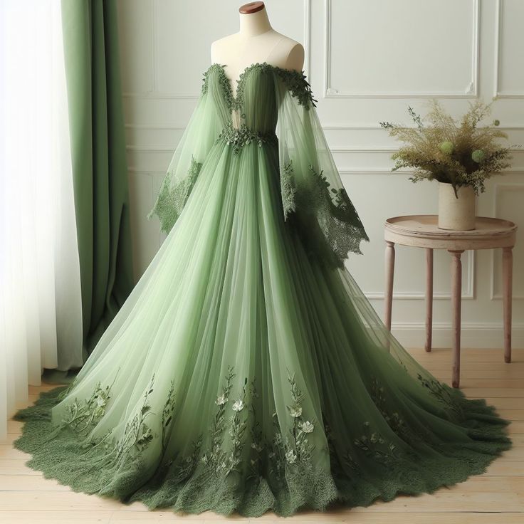 Green Off The Shoulder Wedding Dress Lace Applique V-Neck Tulle Bridal Gown fg7192