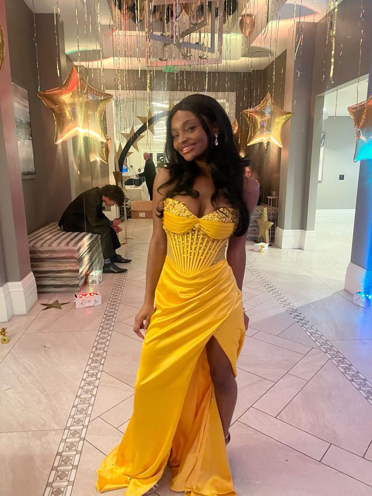 Yellow Mermaid Long Prom Dress Evening Party Dress With Slit - FashionDia
