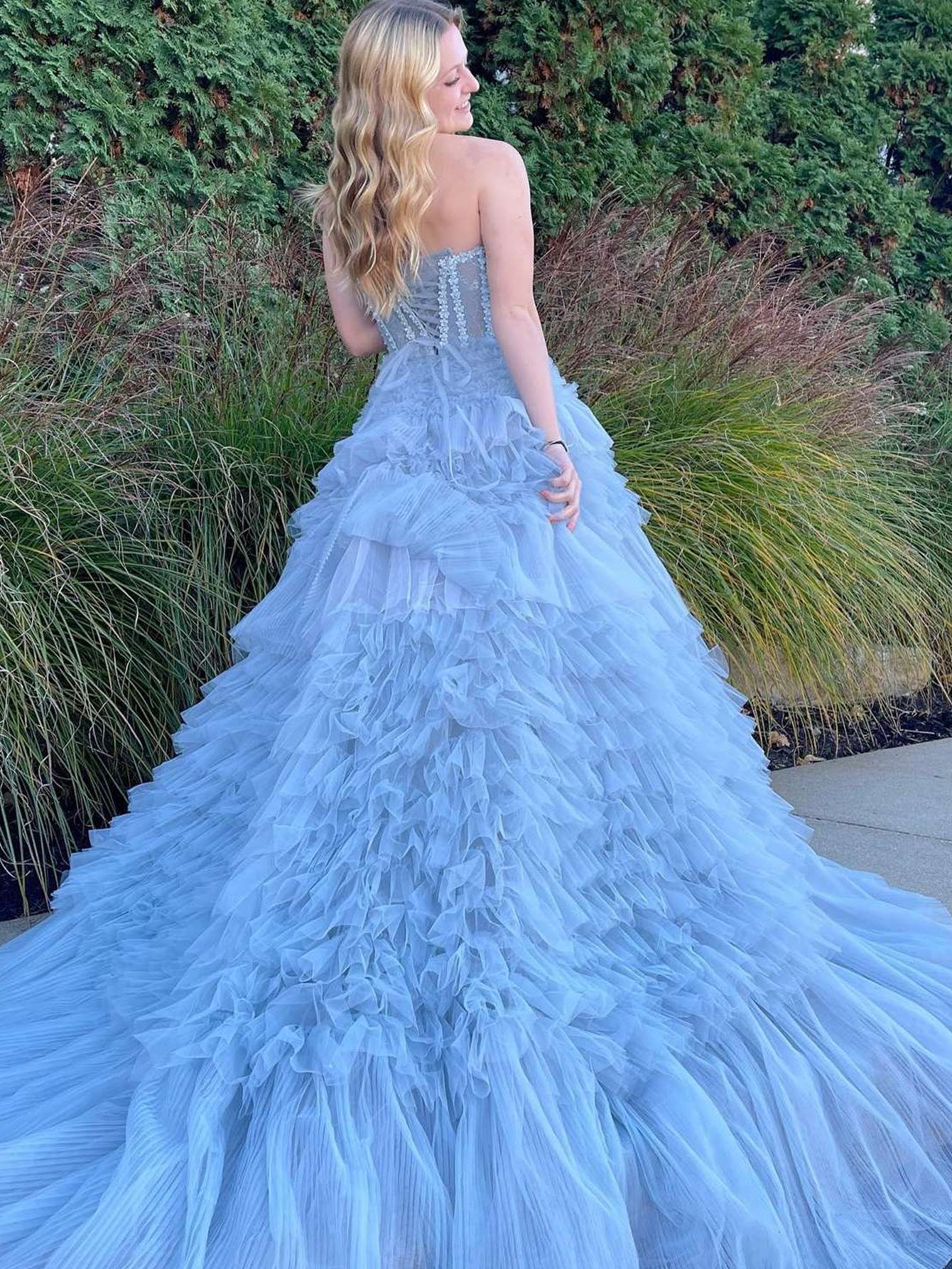 Blue A-Line Strapless Tiered Long Prom Dress - Fashionpara
