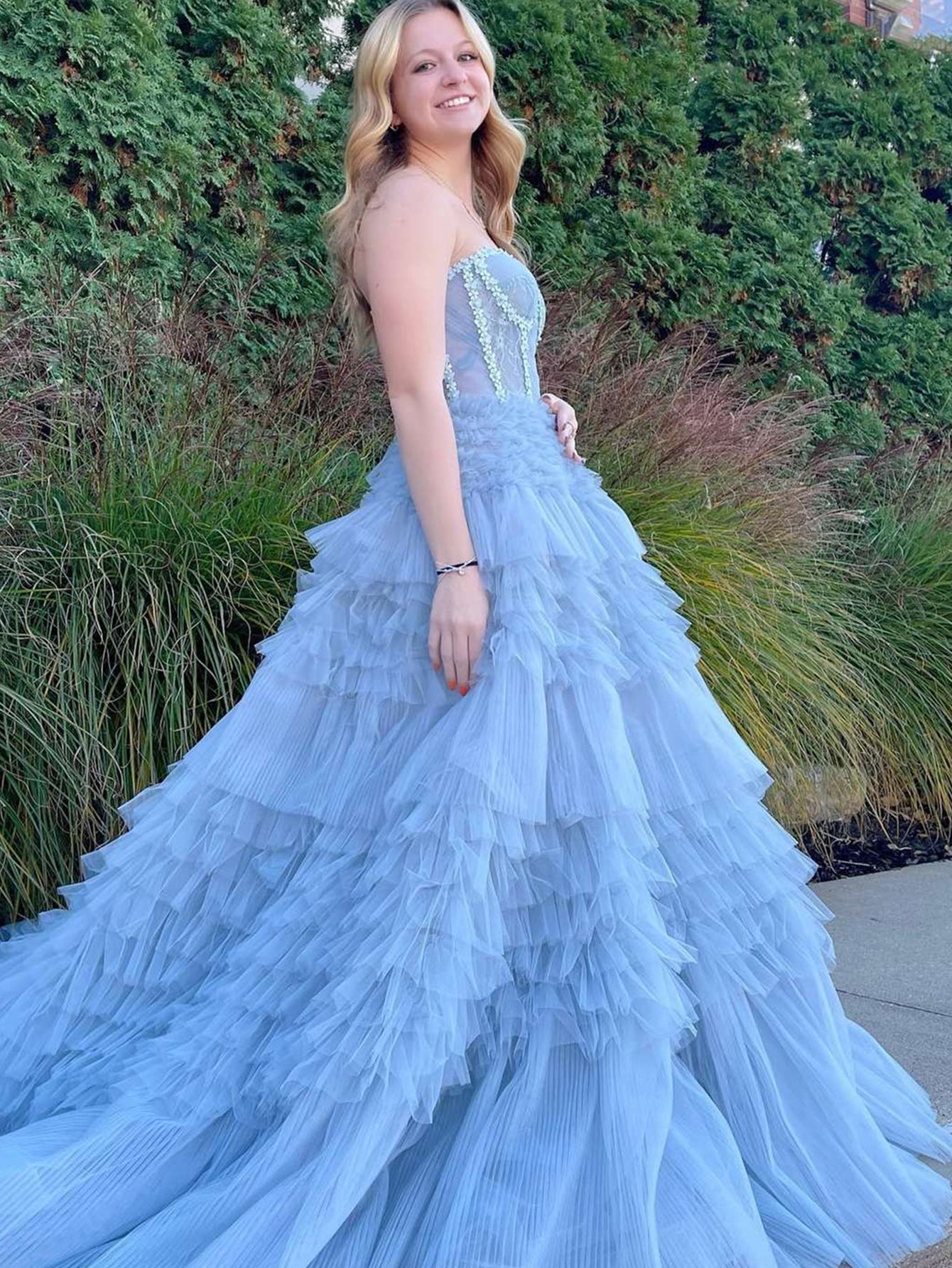 Blue A-Line Strapless Tiered Long Prom Dress - Fashionpara