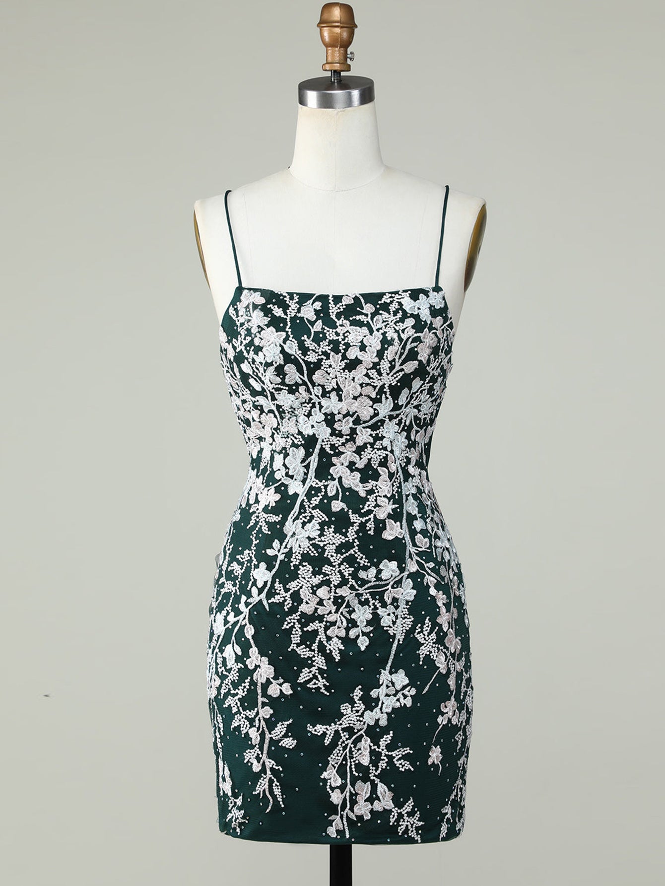 Bodycon Dark Green Spaghetti Straps Homecoming Dress With Appliques - Fashionpara